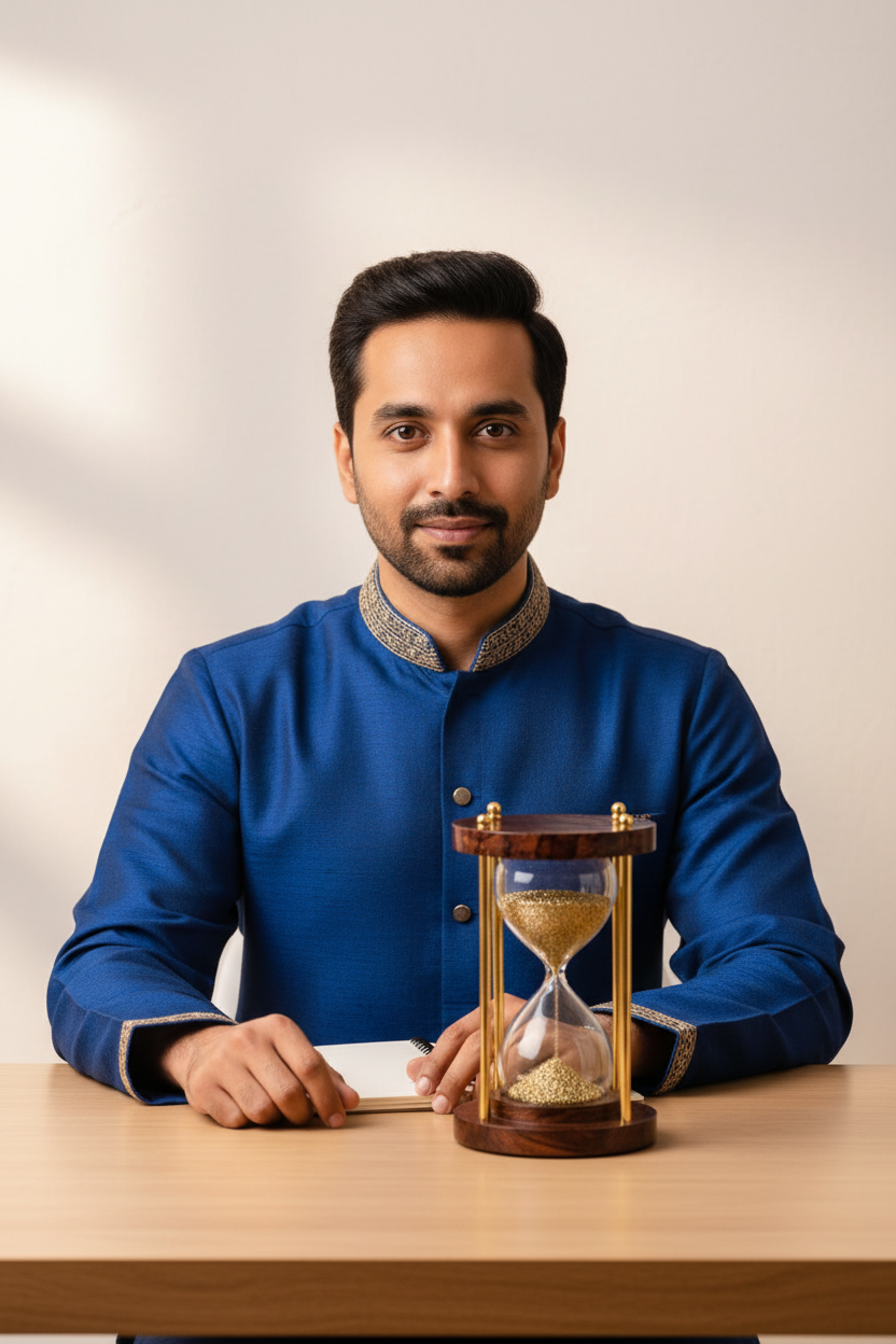 Man in blue kurta with Manifestation Hourglass on desk