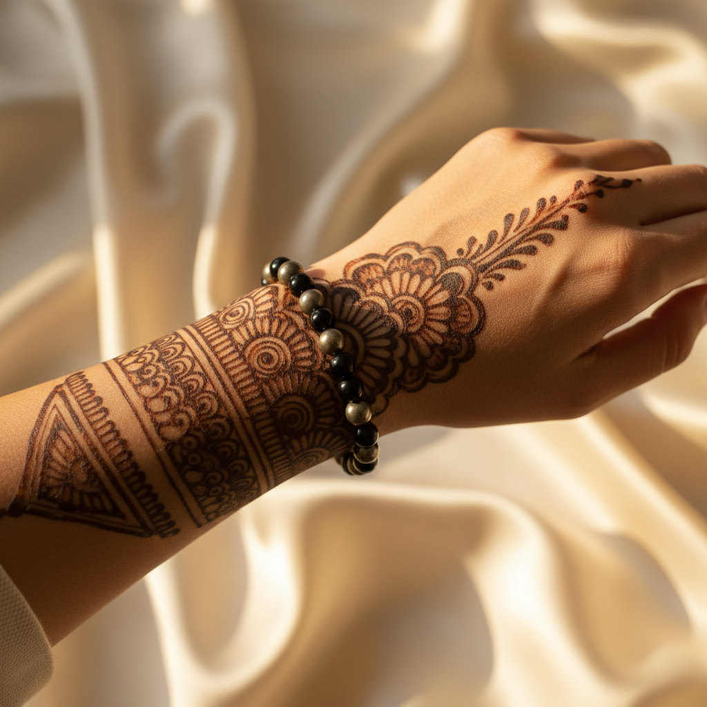 Pyrite & Obsidian Bracelet worn on wrist with mehndi