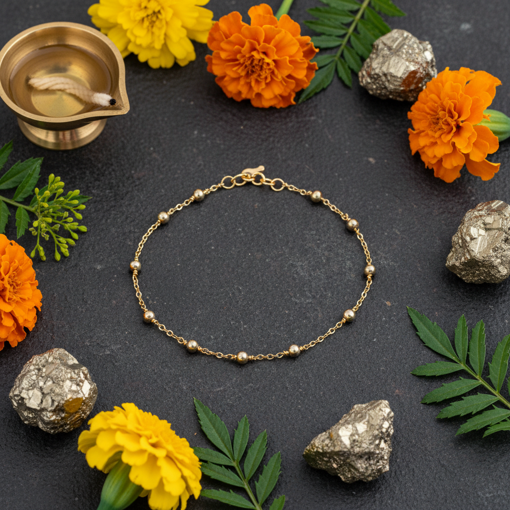 Pyrite Crystal Anklet festive flat lay with diya and marigolds