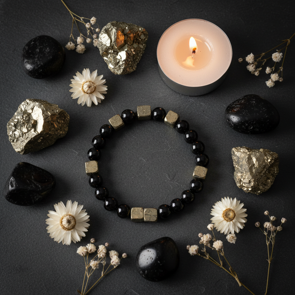 Pyrite & Obsidian Bracelet dark moody flat lay with raw crystals
