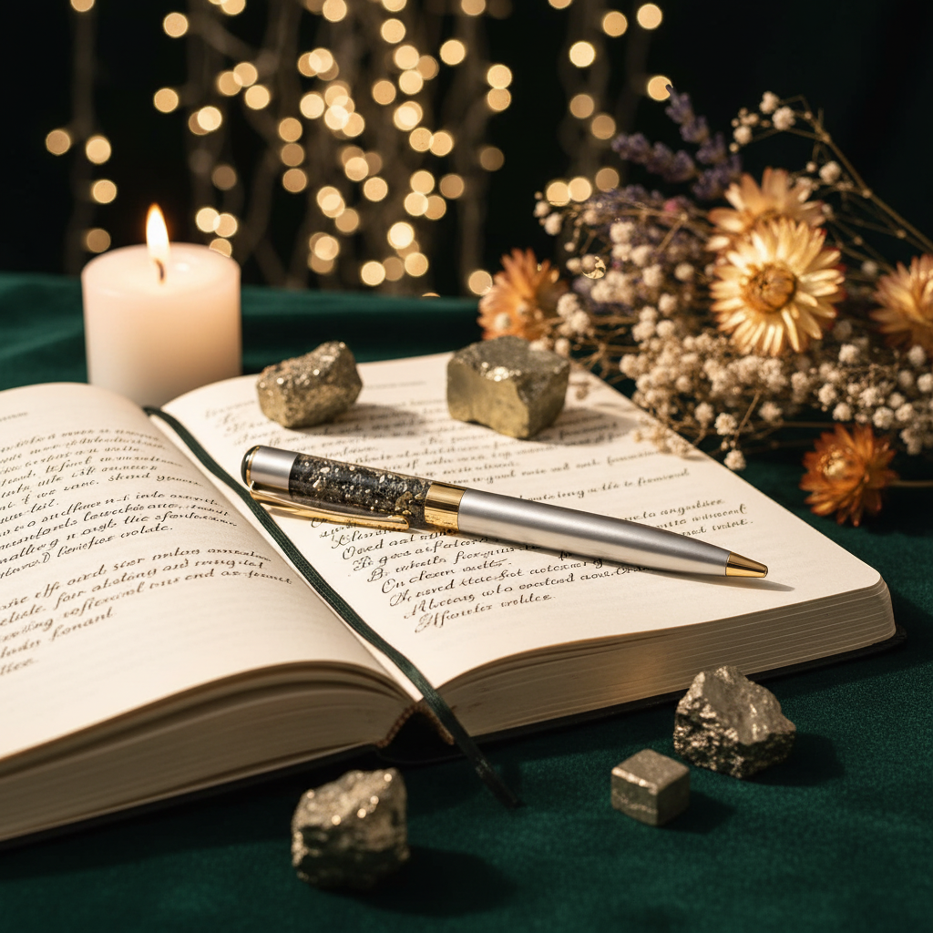 Crystal Manifestation Pen with journal and affirmations spiritual setup