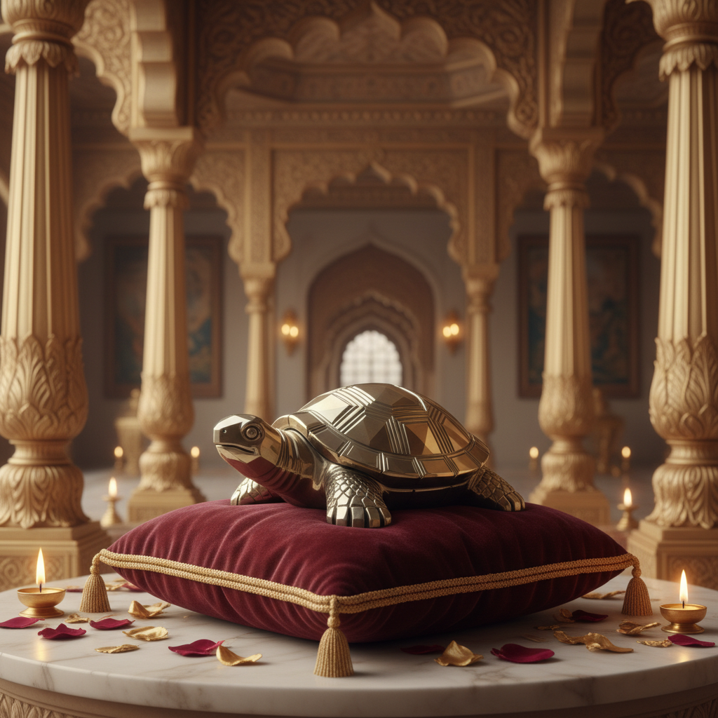 Pyrite Turtle Figurine on royal velvet cushion in palace setting