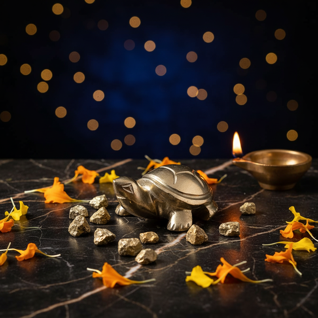 Pyrite Turtle Figurine on black marble with diya and marigolds