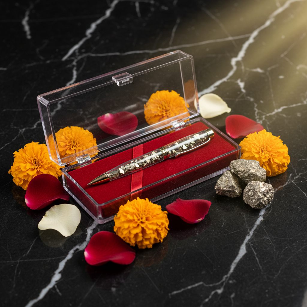 Crystal Manifestation Pen royal gift box with flowers and pyrite